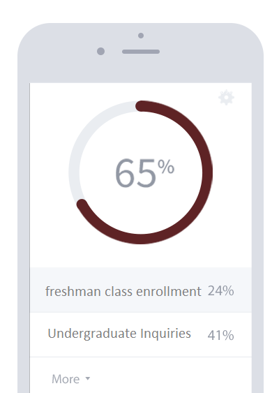 Smartphone screen displaying a circular progress bar at 65%, with freshman class enrollment at 24% and undergraduate inquiries at 41%.