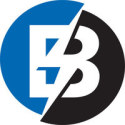 Logo with a blue and black circle divided diagonally, featuring the letters E and B.