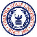 The Virginia State University seal features a lamp, books, and laurel wreath, encircled by text reading Virginia State University Since 1882.