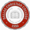 Logo of Dallas Christian College, featuring an open book and laurel branches, with the year 1950, and Greek text on a red circular background.