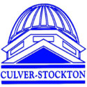 Logo of Culver-Stockton College featuring a blue outline of a dome atop a triangular-roofed building.