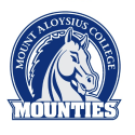 Blue and white logo of Mount Aloysius College featuring a horse head and the word Mounties.