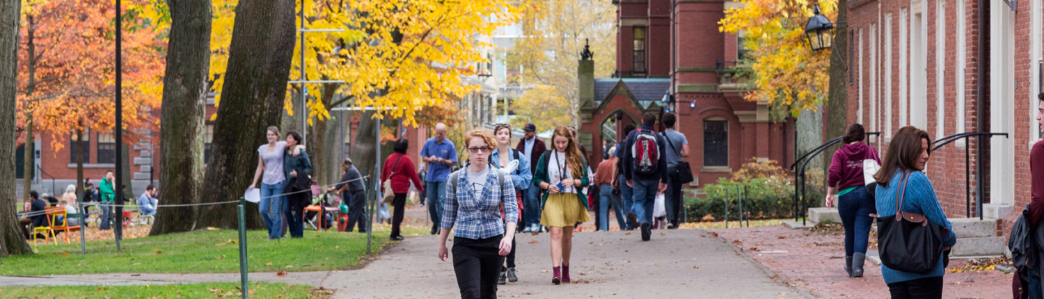 A diverse group of people walks along a tree-lined pathway on a college campus during fall, surrounded by colorful foliage and brick buildings.