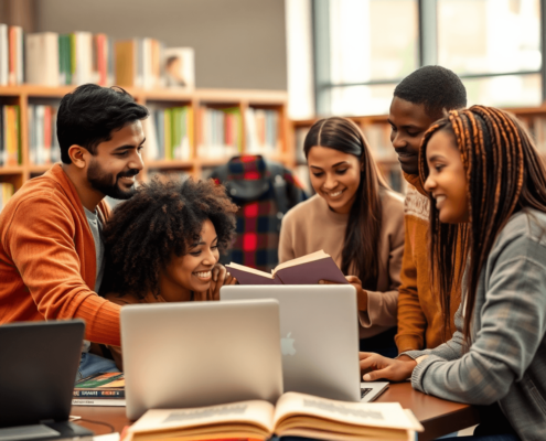 A group of five people study together at a table in a library, surrounded by books and laptops, with shelves of books in the background.