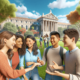 A group of five young adults laughing and talking on a green lawn in front of a classical-style building under a blue sky. Some other groups are visible in the background.