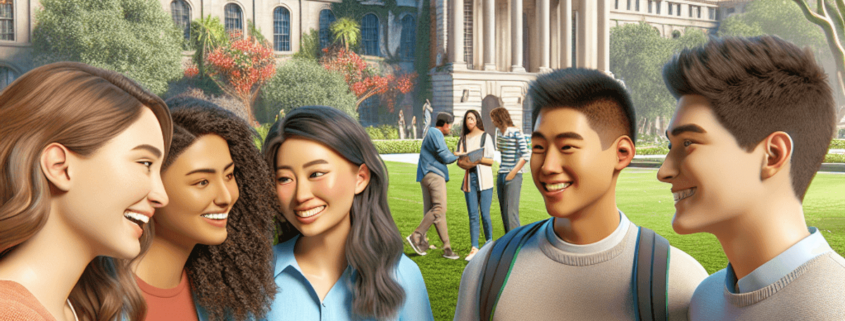 A group of five young adults laughing and talking on a green lawn in front of a classical-style building under a blue sky. Some other groups are visible in the background.