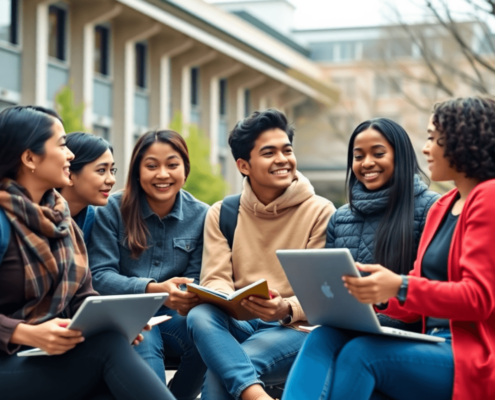 A group of diverse young adults sit together outdoors, engaging in conversation while holding books and laptops, with a building in the background.