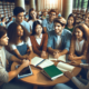 A diverse group of students sits around a table in a library, engaged in discussion with open books and notebooks.