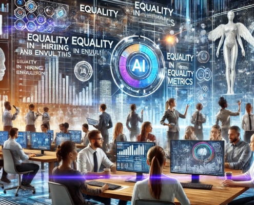 A diverse group of people working with computers in a futuristic office, surrounded by AI-themed graphics, charts, and the word equality repeated across several screens.