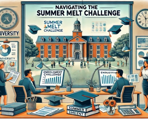 Illustration of university staff planning summer enrollment. Features a large window view of campus, charts, and two staff at desks labeled Enrollment and Enquiries, addressing summer melt challenges.