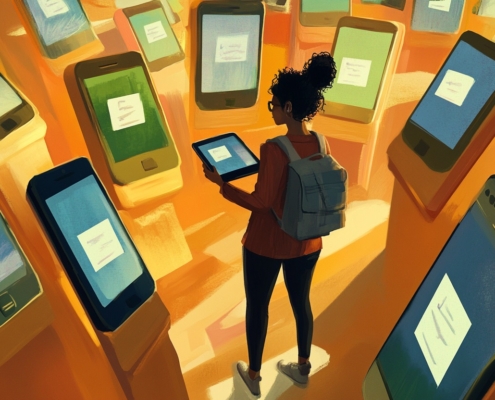 A person with a backpack stands in a room filled with oversized smartphones, holding a tablet.