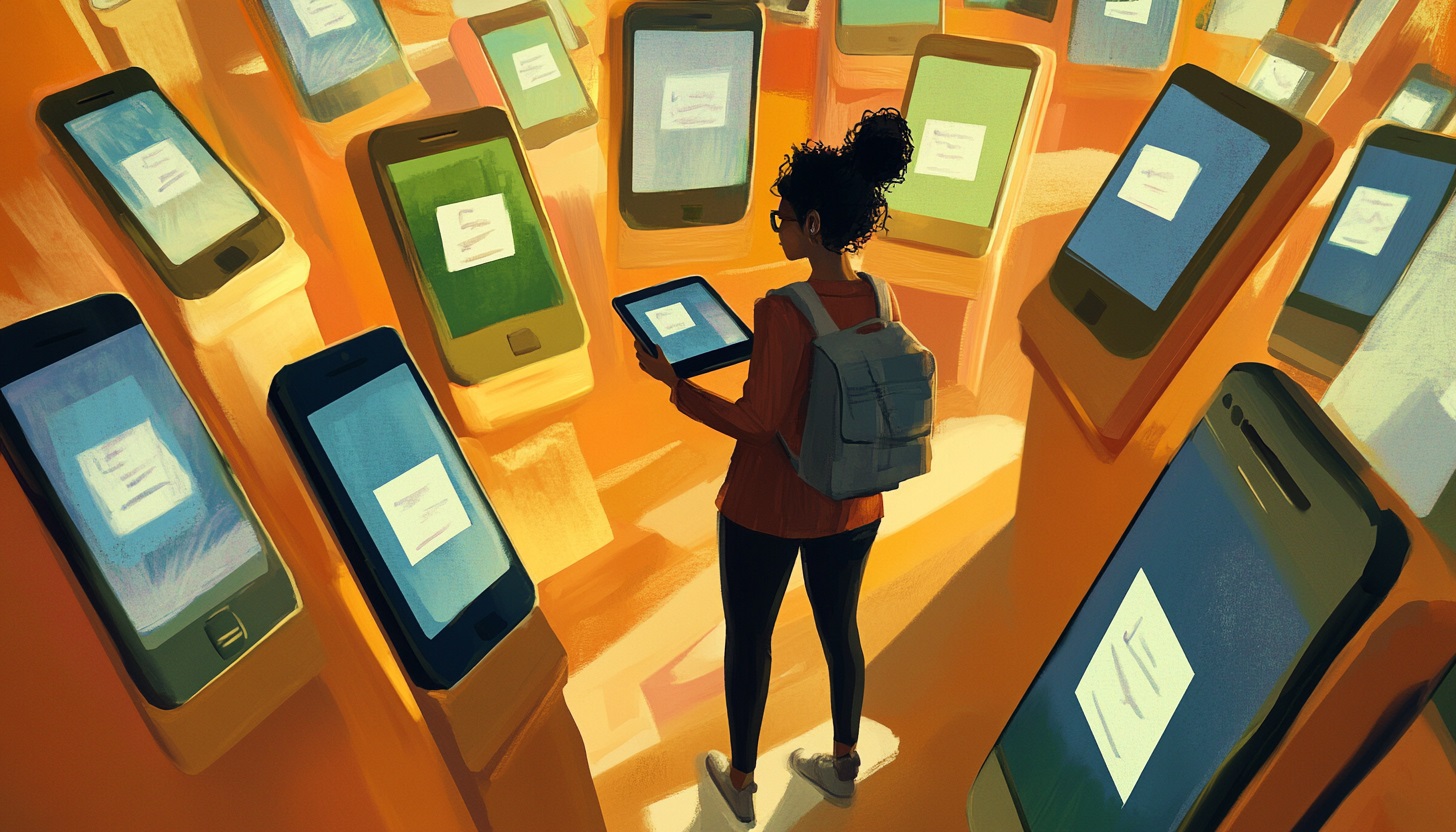 A person with a backpack stands in a room filled with oversized smartphones, holding a tablet.