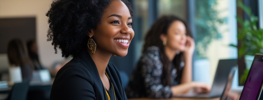 Two women are sitting at a desk in an office. The woman in the foreground is smiling while looking at a computer.