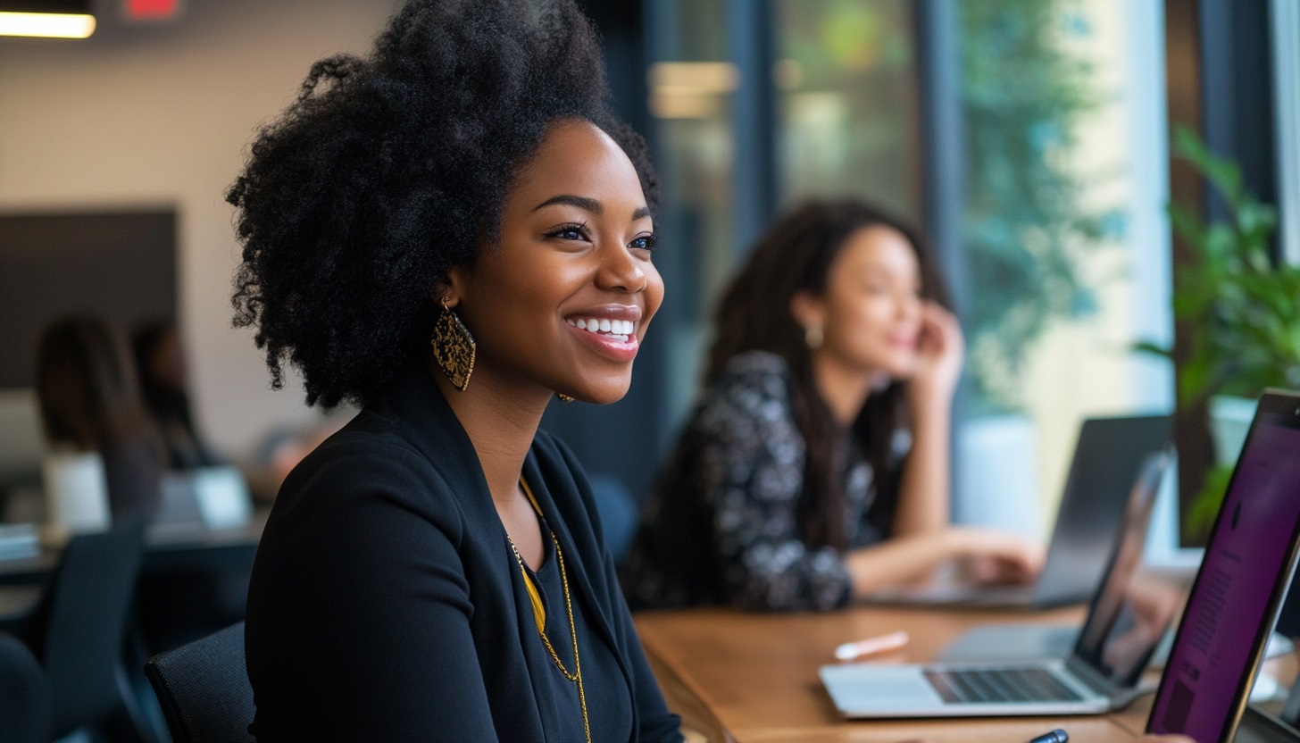 Two women are sitting at a desk in an office. The woman in the foreground is smiling while looking at a computer.