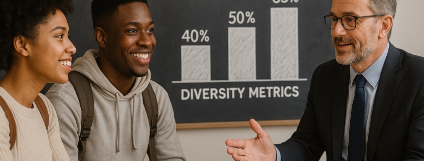 Two students sit with a man in a suit at a table in front of a chalkboard displaying college acceptance rate and diversity metrics.